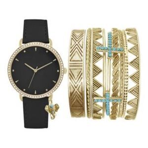 Jessica Carlyle Gold-Tone Black Strap Analog Watch & Bracelets New